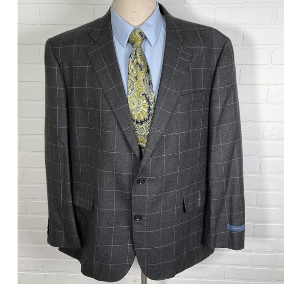 Stafford Blazer Men 50R Gray‎ White Windowpane Signature Classic Fit Merino Wool - Picture 1 of 13